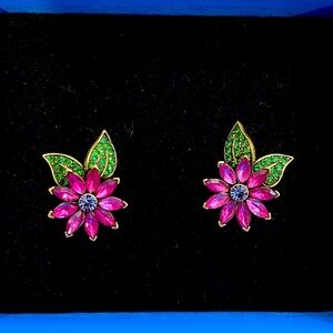 Heidi Daus “Crystal Flower “ Earrings Purple and Green Crystals, Clip on